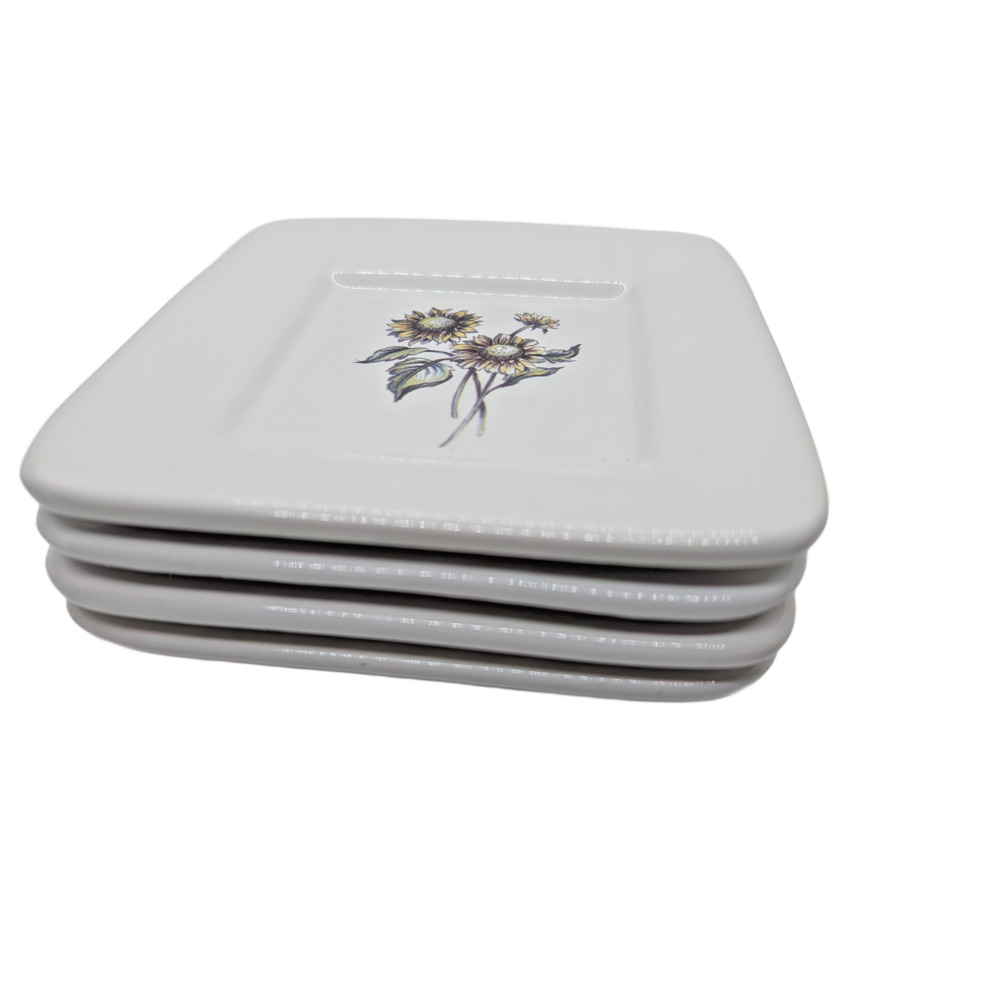 Signature Housewares Flower Sketch Plates Set 4 Stoneware 6” Square